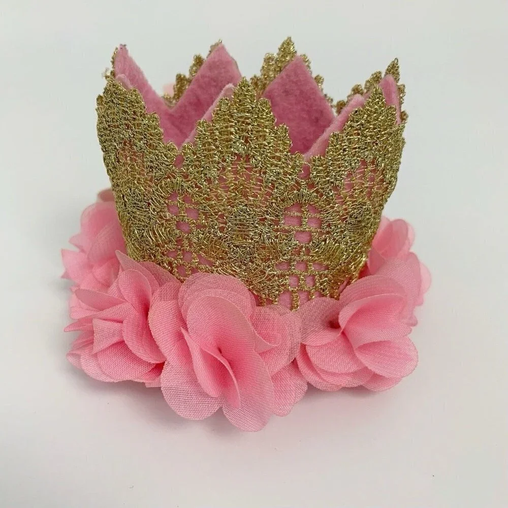 Baby First Birthday Hat Crown Gold Pink Roses w Elastic Small Photo Shoot Party